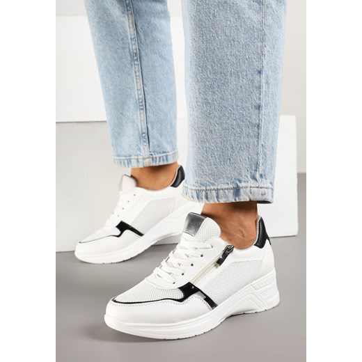 Białe Sneakersy na Koturnie ze Skórzaną Wkładką i Ozdobnym Suwakiem Arivnia ze sklepu born2be.pl w kategorii Buty sportowe damskie - zdjęcie 178696721