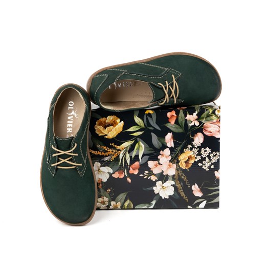BAREFOOT Damskie minimalistyczne buty skórzane 1082 ciemny zielone nubuk ze sklepu butyolivier w kategorii Półbuty damskie - zdjęcie 178699822