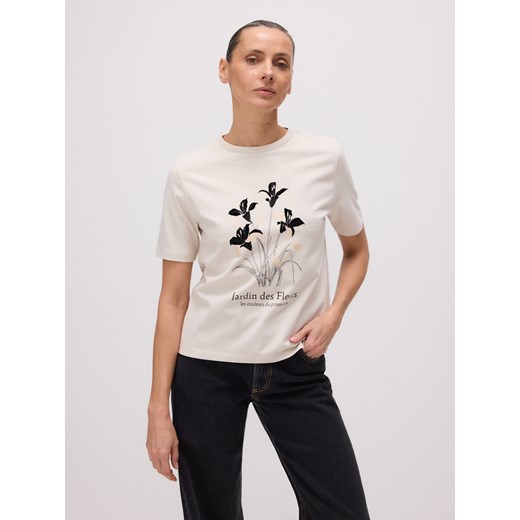 Reserved - Bawełniany t-shirt z nadrukiem - beżowy ze sklepu Reserved w kategorii Bluzki damskie - zdjęcie 178704783
