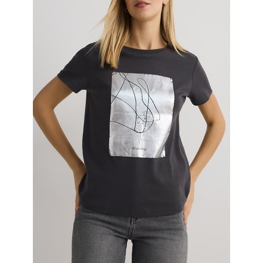 Reserved - T-shirt z metalicznym nadrukiem - ciemnoszary ze sklepu Reserved w kategorii Bluzki damskie - zdjęcie 178726594