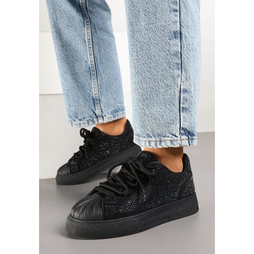 Czarne Sneakersy Ozdobione Cyrkoniami i Tłoczonym Noskiem Calreis ze sklepu born2be.pl w kategorii Buty sportowe damskie - zdjęcie 178729480