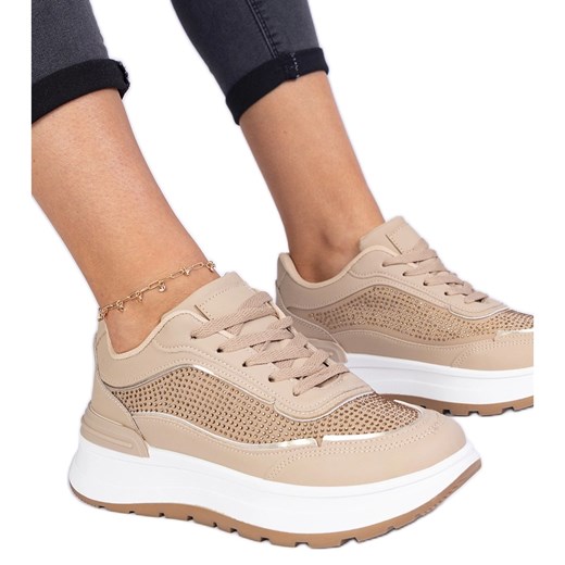 Brązowe damskie sneakersy z cyrkoniami ze sklepu ButyModne.pl w kategorii Buty sportowe damskie - zdjęcie 178735691