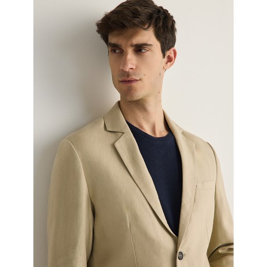 Reserved - Lniana marynarka slim fit - beżowy ze sklepu Reserved w kategorii Marynarki męskie - zdjęcie 178741263