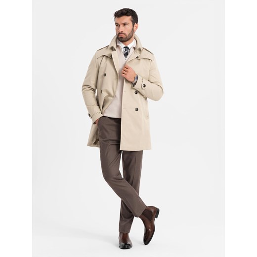 Elegancki męski płaszcz trencz SLIM FIT z paskiem – beżowy V1 OM-COSC-0126 ze sklepu ombre w kategorii Płaszcze męskie - zdjęcie 178742384