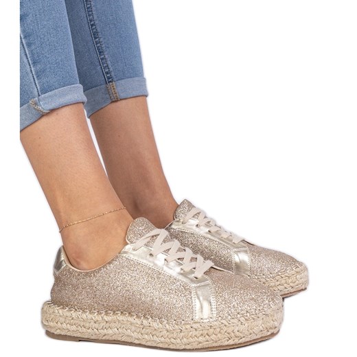 Złote damskie espadryle zdobione brokatem złoty ze sklepu ButyModne.pl w kategorii Espadryle damskie - zdjęcie 178756440