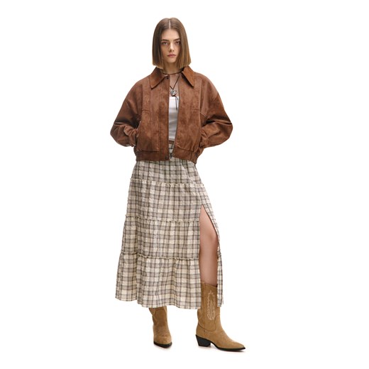 Cropp - Długa spódnica w kratę - kremowy Cropp XS Cropp