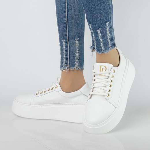 Sneakersy modne, skórzane półbuty damskie na grubej podeszwie Pollonus biały 5-1722-001 ze sklepu butyolivier w kategorii Buty sportowe damskie - zdjęcie 178765643