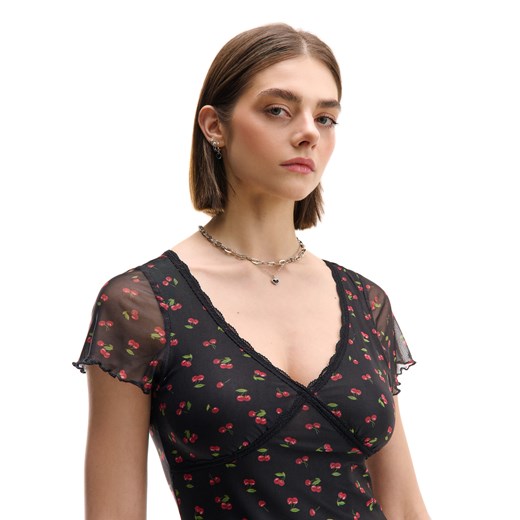 Cropp - Czarna sukienka midi w wisienki - czarny Cropp XS Cropp