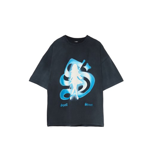 Cropp - Czarna T-shirt z efektem sprania i nadrukiem - czarny Cropp M Cropp