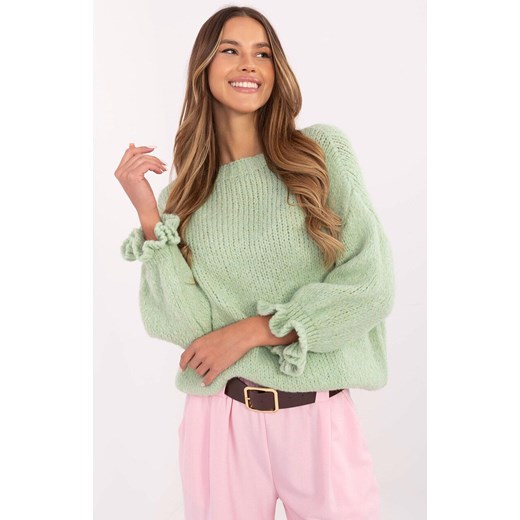 Sweter z falbankami na przy rękawach pistacjowy MI-SW-2912.10X, Kolor pistacjowy, Rozmiar uniwersalny, ITALY MODA ze sklepu Primodo w kategorii Swetry damskie - zdjęcie 178787161