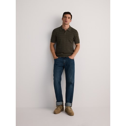 Reserved - Ażurowa koszulka polo z lnem - zielony Reserved L Reserved