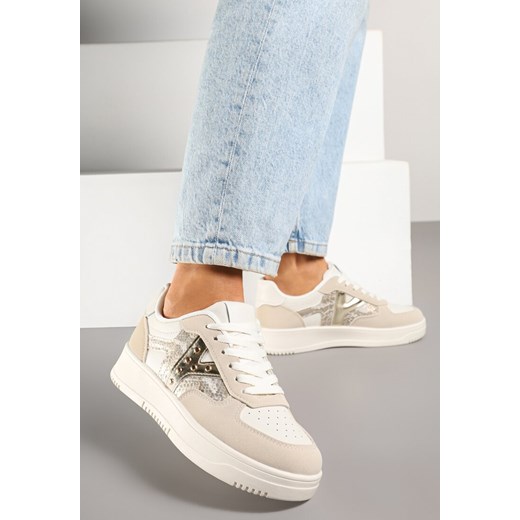 Beżowe Sneakersy z Metalicznym Zdobieniem i Wstawką z Imitacją Skóry Węża Sarilira ze sklepu born2be.pl w kategorii Buty sportowe damskie - zdjęcie 178810663