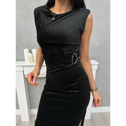 Czarna Welurowa Sukienka z Ozdobą ze sklepu ModnaKiecka.pl w kategorii Sukienki - zdjęcie 178821821