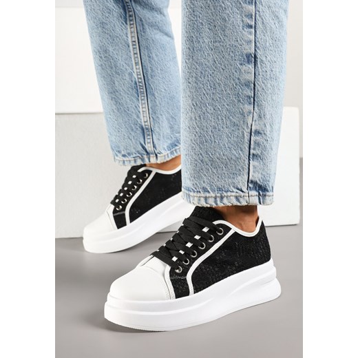 Czarno-Białe Sneakersy na Platformie z Koronkową Cholewką Falendriela ze sklepu renee.pl w kategorii Buty sportowe damskie - zdjęcie 178822802