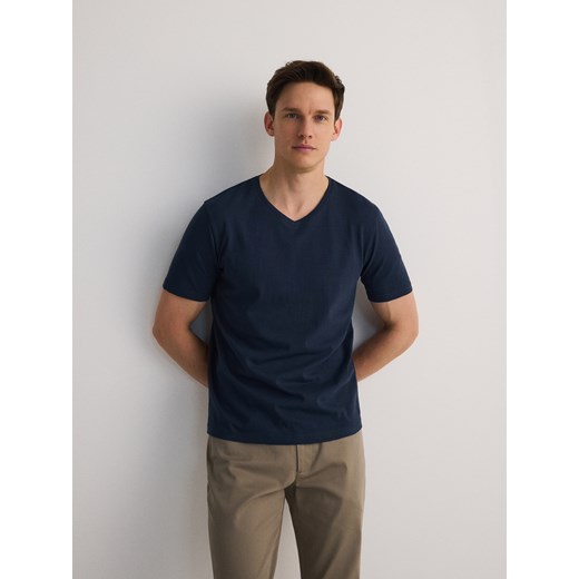 Reserved - T-shirt slim z dekoltem V - granatowy Reserved XL Reserved