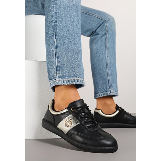 Czarno-Złote Sneakersy Skórzane Typu Kultowe Tenisówki z Metaliczną Aplikacją Ollisena ze sklepu renee.pl w kategorii Buty sportowe damskie - zdjęcie 178827282