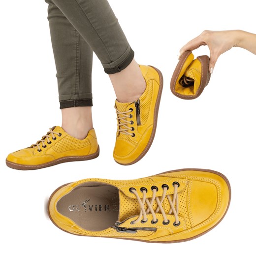 BAREFOOT Damskie minimalistyczne sneakersy skórzane OLIVIER 770 perforowane żółte ze sklepu butyolivier w kategorii Półbuty damskie - zdjęcie 178831030