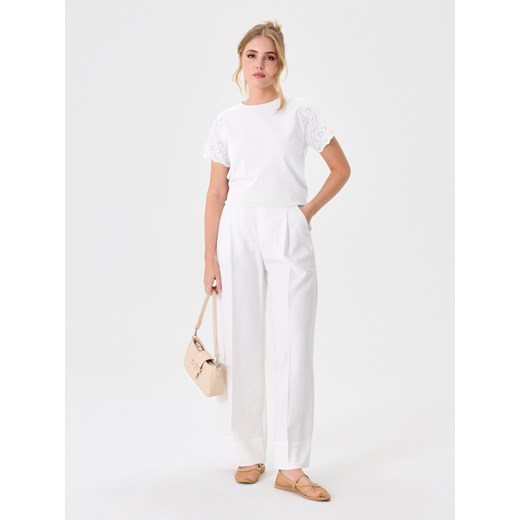 Sinsay - Koszulka z ażurowymi rękawami - kremowy Sinsay XL Sinsay