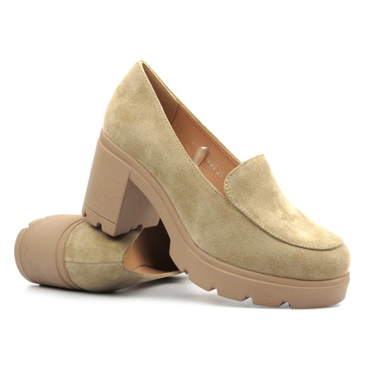 Eleganckie buty damskie na klocku - Potocki 24-12040, beżowe ze sklepu ulubioneobuwie w kategorii Półbuty damskie - zdjęcie 178867403