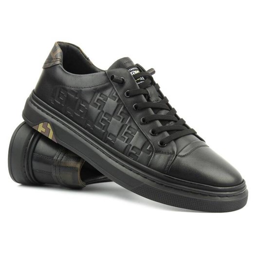 Skórzane sneakersy męskie - JOHN DOUBARE 68F125, czarne ze sklepu ulubioneobuwie w kategorii Trampki męskie - zdjęcie 178871673
