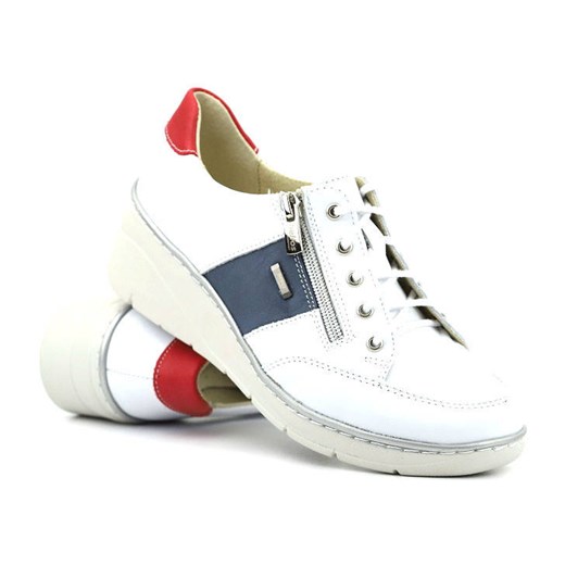 Skórzane półbuty damskie, sneakersy z granatowym zdobieniem - HELIOS Komfort 406, białe ze sklepu ulubioneobuwie w kategorii Półbuty damskie - zdjęcie 178873263
