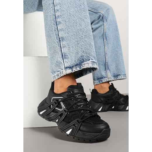 Czarne Sneakersy na Platformie z Cyrkoniami i Geometrycznym Wzorem Lavivione ze sklepu renee.pl w kategorii Buty sportowe damskie - zdjęcie 178883620