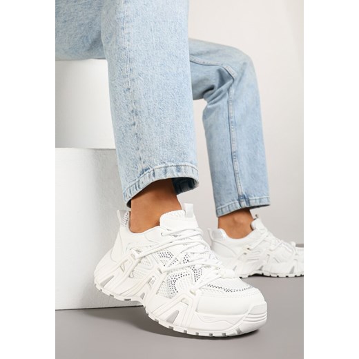 Białe Sneakersy na Platformie z Cyrkoniami i Geometrycznym Wzorem Lavivione ze sklepu renee.pl w kategorii Buty sportowe damskie - zdjęcie 178883623
