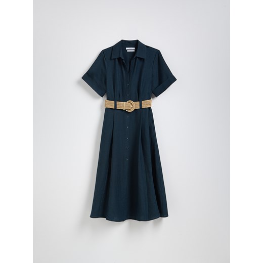 Reserved - Sukienka midi z dodatkiem lnu - granatowy Reserved S Reserved
