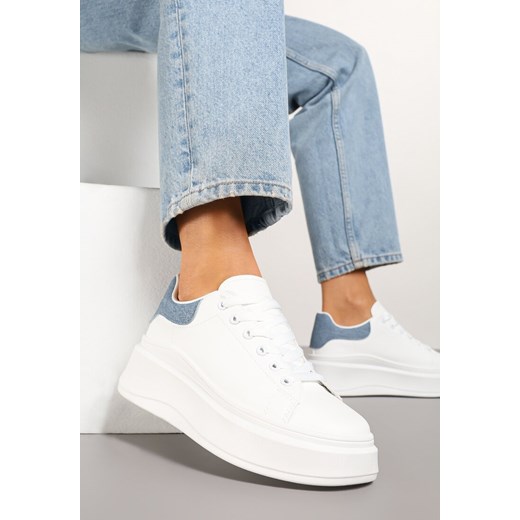 Biało-Niebieskie Sznurowane Sneakersy na Niskiej Platformie z Imitacji Skóry Ajanfa ze sklepu renee.pl w kategorii Buty sportowe damskie - zdjęcie 178886061