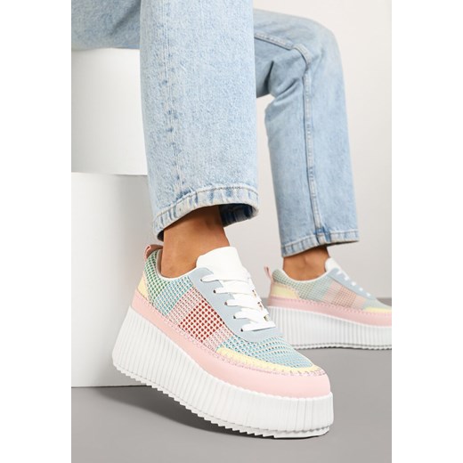Różowo-Niebieskie Sneakersy na Tłoczonej Platformie z Ozdobnymi Przeszyciami Faloviela ze sklepu renee.pl w kategorii Buty sportowe damskie - zdjęcie 178886502
