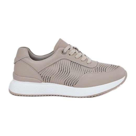 Skórzane Buty Sportowe Sneakersy Damskie S.Barski LR51-551 Beżowe beżowy ze sklepu ButyModne.pl w kategorii Buty sportowe damskie - zdjęcie 178913831