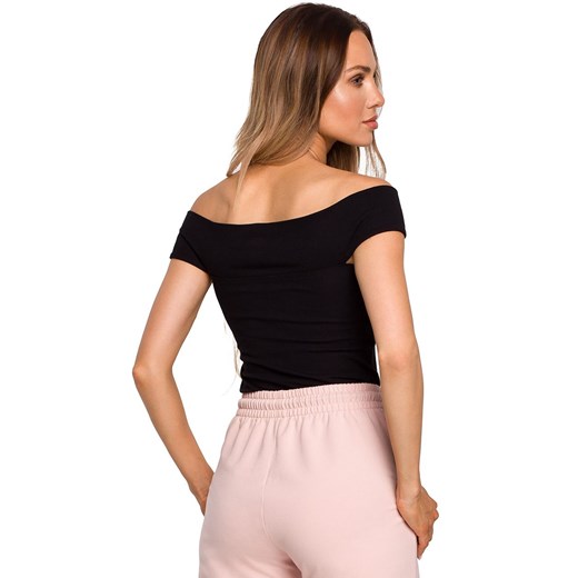 Krótka bluzka damska top z przeplotem w dekolcie czarna M680, Kolor czarny, Rozmiar L, MOE ze sklepu Intymna w kategorii Bluzki damskie - zdjęcie 178916041