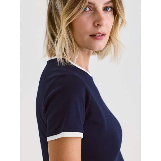 Reserved - T-shirt z kontrastową lamówką - granatowy Reserved M Reserved