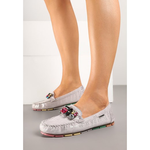 Srebrne Mokasyny z Wkładką ze Skóry Naturalnej i Cyrkoniami Zimora Renee 37 renee.pl