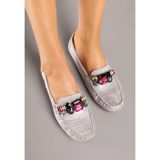 Srebrne Mokasyny z Wkładką ze Skóry Naturalnej i Cyrkoniami Zimora Renee 37 renee.pl