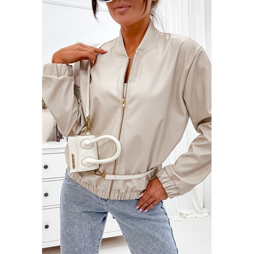 BLUZA SKAJKOWA Z ZAMKIEM I GUMĄ W PASIE- BEŻOWA ze sklepu olika.com.pl w kategorii Bluzy damskie - zdjęcie 178957072