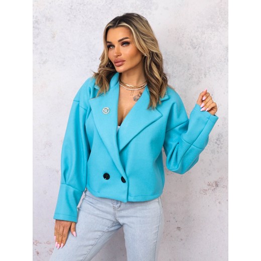 KRÓTKI PŁASZCZ Z KOŁNIERZEM I OZDOBNĄ BROSZKĄ- TURKUSOWY ze sklepu olika.com.pl w kategorii Płaszcze damskie - zdjęcie 178958664
