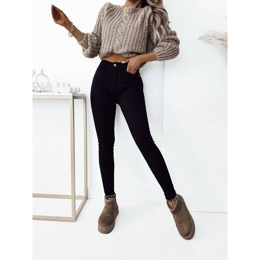 SPODNIE SKINNY Z OZDOBNĄ KOKARDĄ I KORALIKAMI- CZARNE ze sklepu olika.com.pl w kategorii Spodnie damskie - zdjęcie 178959203