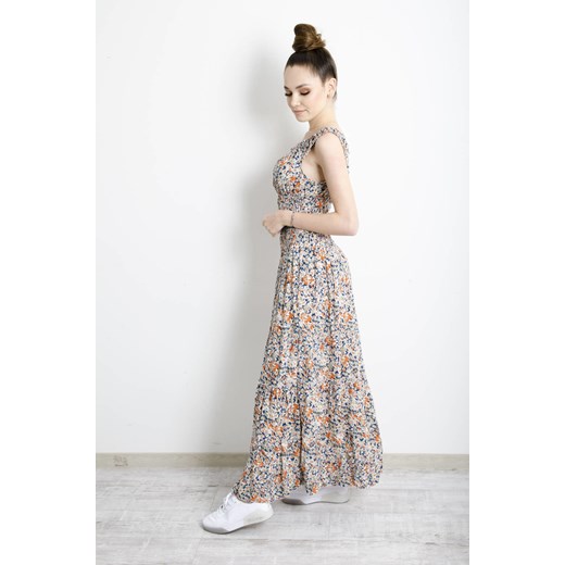 SUKIENKA MAXI W KWIATY Z GUMĄ W PASIE - POMARAŃCZOWA ze sklepu olika.com.pl w kategorii Sukienki - zdjęcie 178961181