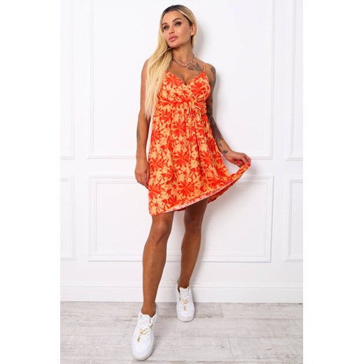SUKIENKA MINI W KWIATY Z WIĄZANIEM- POMARAŃCZOWA ze sklepu olika.com.pl w kategorii Sukienki - zdjęcie 178961440