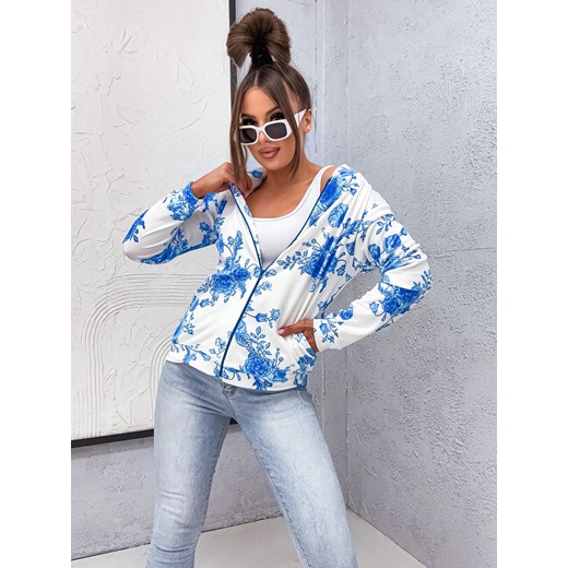 BLUZA WELUROWA W KWIECISTY WZÓR ZAPINANA NA ZAMEK- ECRU ze sklepu olika.com.pl w kategorii Bluzy damskie - zdjęcie 178962540