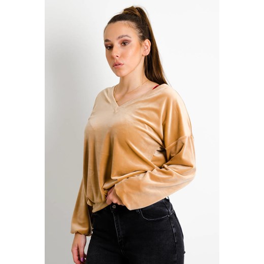 BRĄZOWA WELUROWA BLUZA W SEREK ze sklepu olika.com.pl w kategorii Bluzy damskie - zdjęcie 178962730
