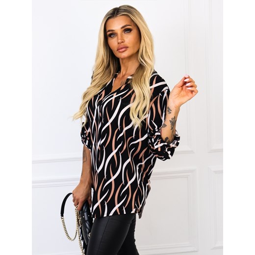 BLUZKA ONE SIZE WE WZORY DEKOLT W SEREK I RĘKAW 3/4 - CZARNA ze sklepu olika.com.pl w kategorii Bluzki damskie - zdjęcie 178962771