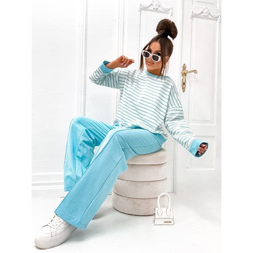 KOMPLET DRESOWY BLUZA W PASKI+ SPODNIE Z PRZESZYCIAMI- TURKUSOWY ze sklepu olika.com.pl w kategorii Komplety i garnitury damskie - zdjęcie 178962820