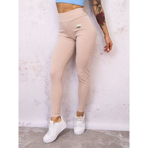 LEGGINSY PRĄŻKOWANE Z NASZYWKĄ- BEŻOWE ze sklepu olika.com.pl w kategorii Spodnie damskie - zdjęcie 178962871