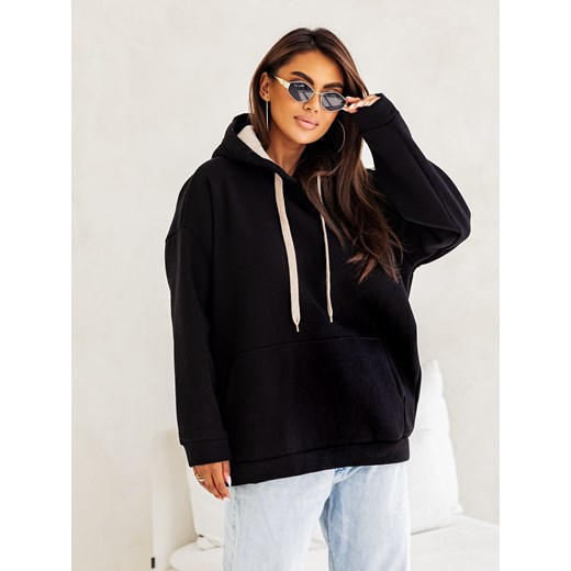 CIEPŁA BLUZA OVERSIZE Z KAPTUREM I ŚCIĄGACZEM-CZARNA ze sklepu olika.com.pl w kategorii Bluzy damskie - zdjęcie 178964754