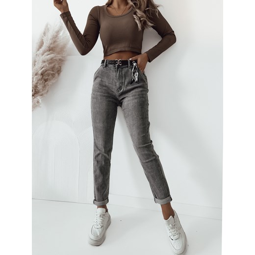SZARE SPODNIE JEANSOWE MOM FIT Z WYSOKIM STANEM+ PASEK ZE WSTĄŻKĄ ze sklepu olika.com.pl w kategorii Jeansy damskie - zdjęcie 178965590