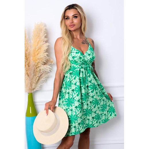 SUKIENKA MINI W KWIATY Z WIĄZANIEM- ZIELONA ze sklepu olika.com.pl w kategorii Sukienki - zdjęcie 178965840