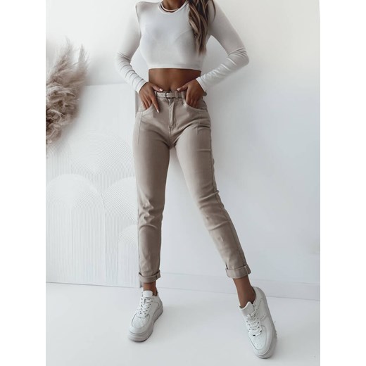 SPODNIE JEANSOWE MOM FIT Z PASKIEM- BEŻOWE ze sklepu olika.com.pl w kategorii Jeansy damskie - zdjęcie 178965873