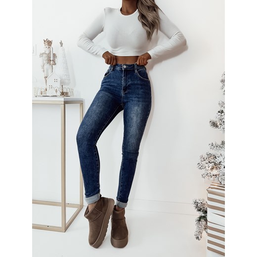 SPODNIE JEANSOWE SKINNY Z WYSOKIM STANEM- GRANATOWE ze sklepu olika.com.pl w kategorii Jeansy damskie - zdjęcie 178966663
